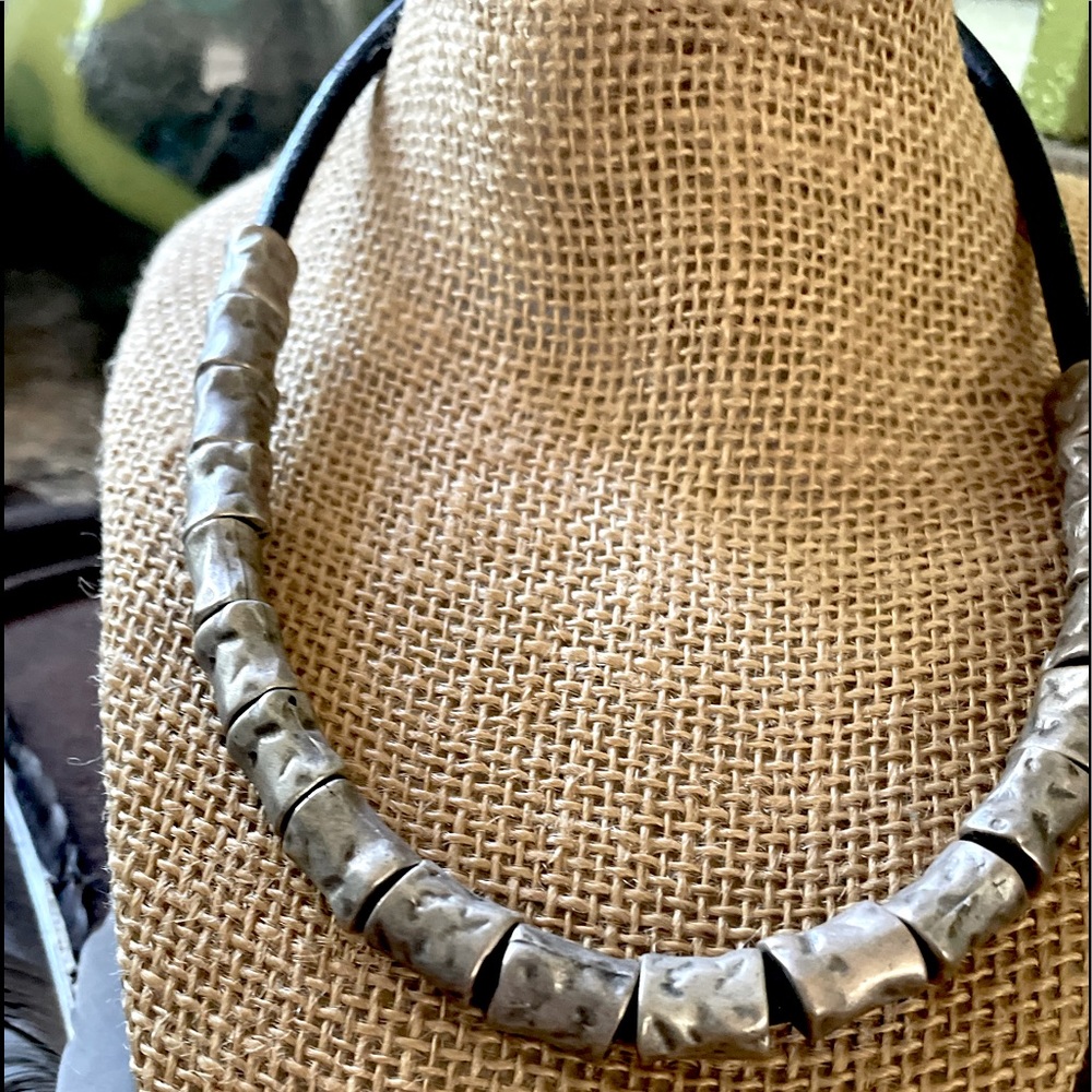 Antiqued Silver Hammered Bead on Thick Leather Rope Bohemian Modern Necklace - Picture 2 of 7